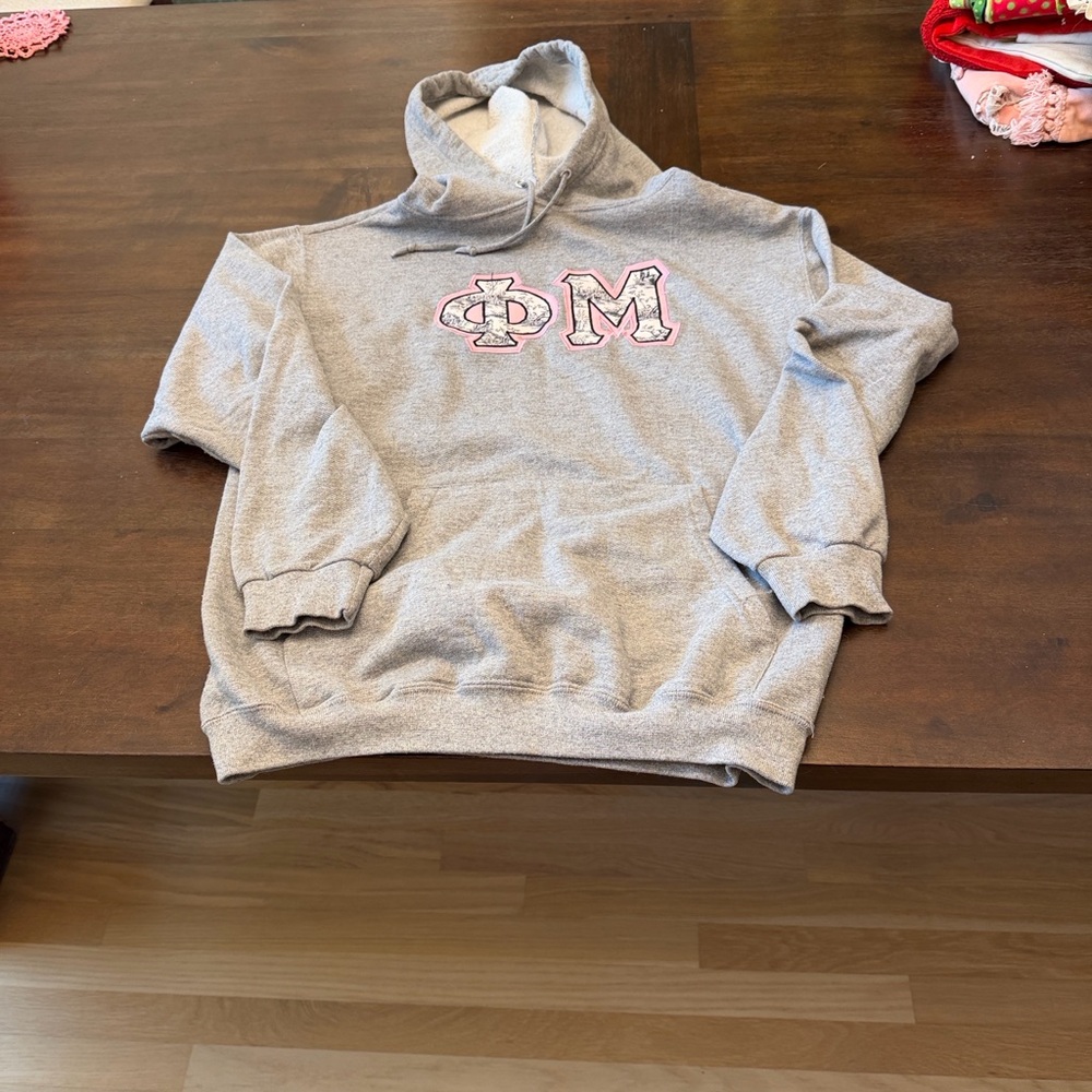 Gray Hoodie with Pink toile Phi Mu Greek Letters